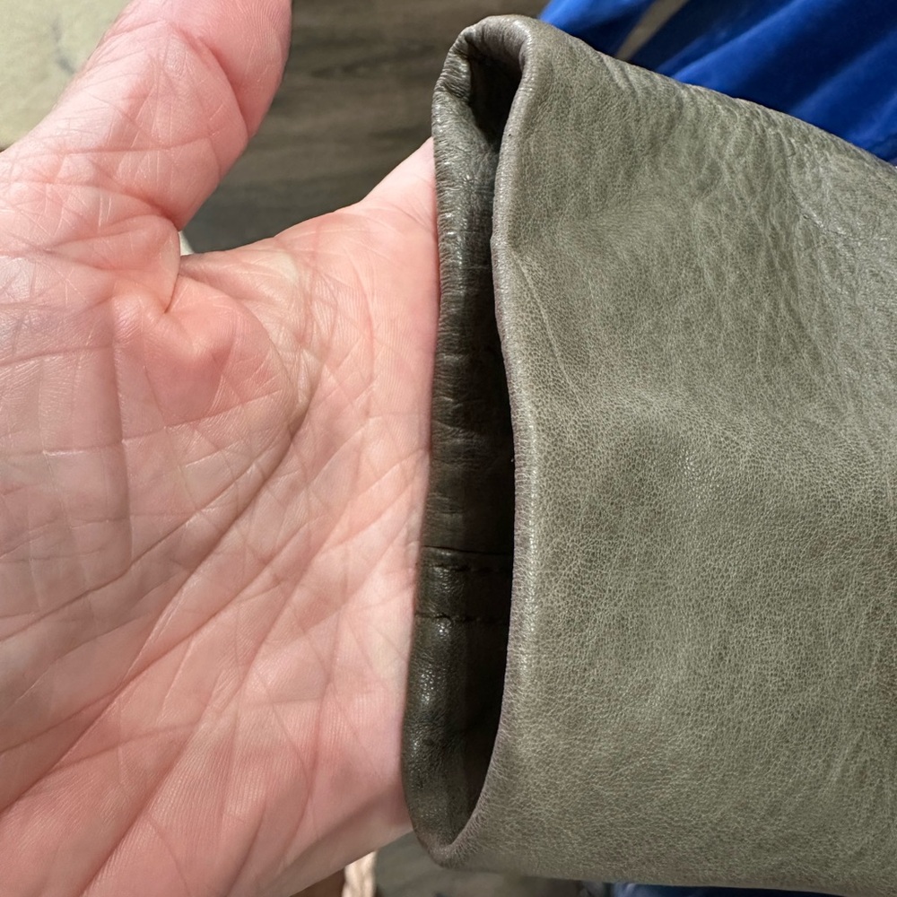 Theory Lambskin Moto Style Leather Jacket, Muted Olive Green, Size Med - Picture 10 of 12